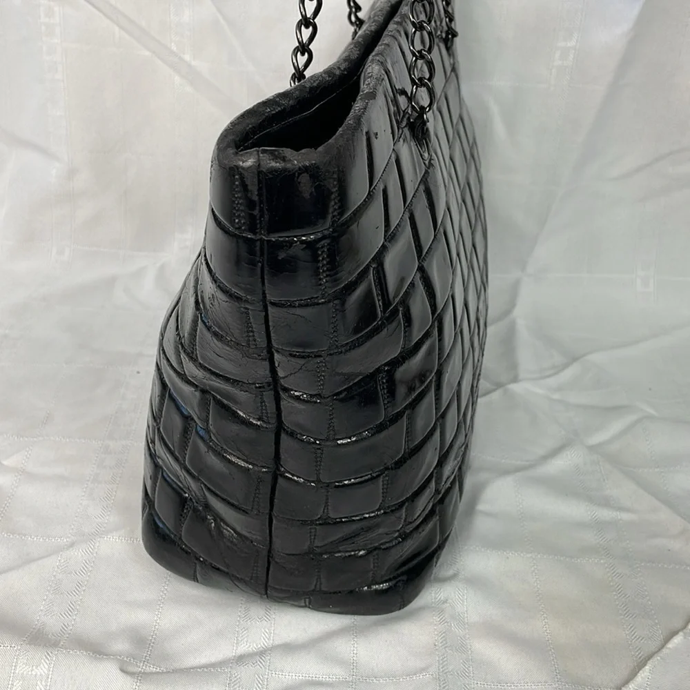 Chanel Brick Chocolate Bar Quilted Frozen Tote Bag Large Black Vinyl Chain Strap